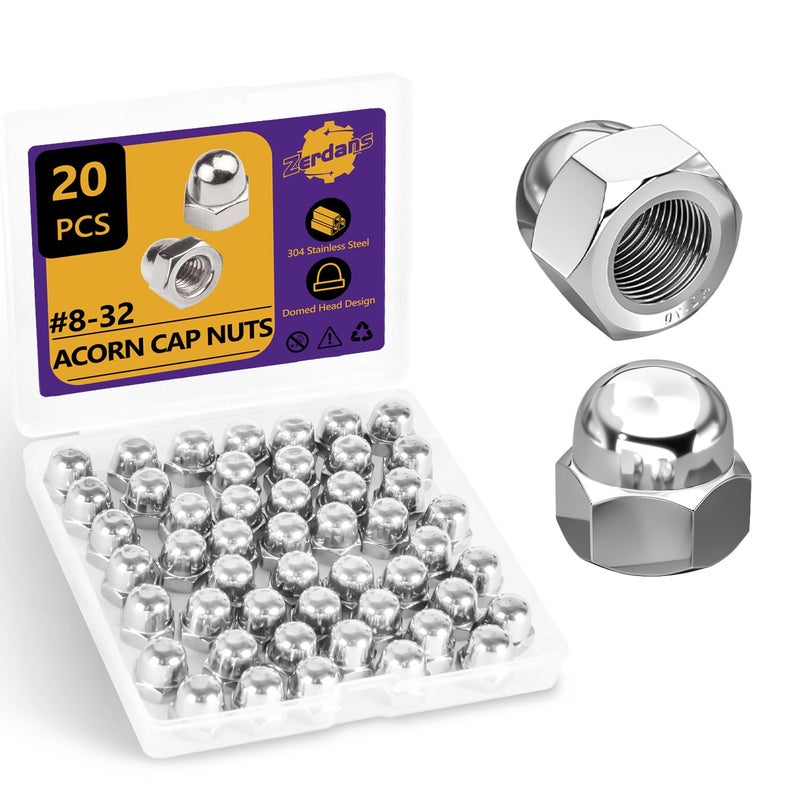 ZerDans #8-32 Acorn Cap Nuts, 20Pcs Metric Hex Acorn Nuts Stainless Steel 18-8 (304) Caps for Indoor Outdoor Bolt Thread Dia Dome Head Hex Kit - Image 1